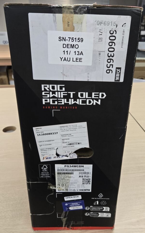 [開箱品] ROG Swift OLED PG34WCDN 電競螢幕  34”丨WQHD 3440x1440丨QD-OLED 面板丨 1800R 曲率丨360Hz丨0.03ns丨搭載 BlackShield™ 薄膜丨VESA DisplayHDR™ 500 True Black 規範丨ASUS OLED Care Pro 丨Neo 近接感測器 (MO-AG34WCE/LB-MON) SN:W1LMAS018397 #3年保養  #開箱品請保留單據及購買電郵