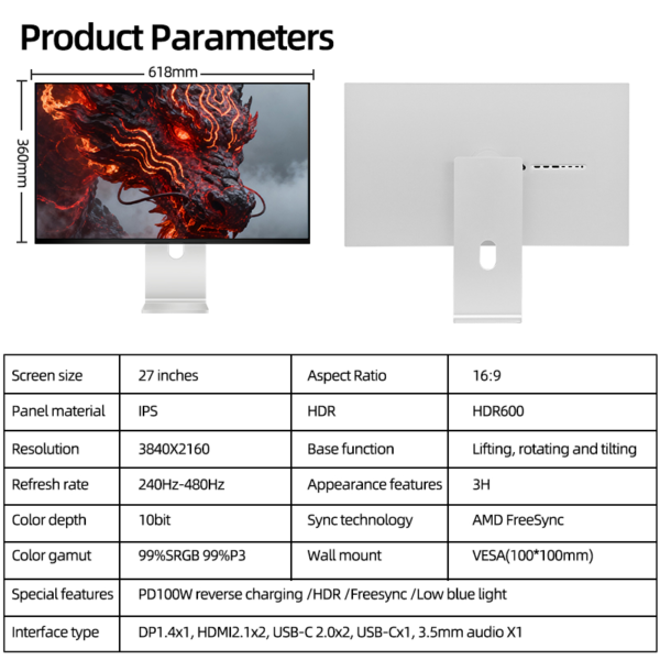 Kuycon P27ZB Dual Mode 4K 240Hz / FHD 480Hz Nano IPS Black專業顯示器 連可調節支架 (MO-KP27ZB+LB-MON)