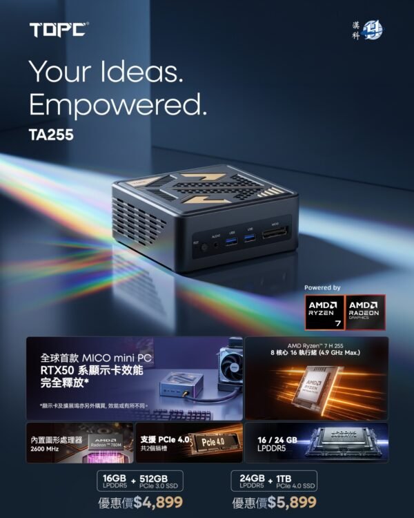TOPC TA255 迷你電腦 |Ryzen 7 H255 / Windows 11 Pro / MCIO|(CS-TTA25W / CS-TTA25X + LB-PCNB) [2年保養]